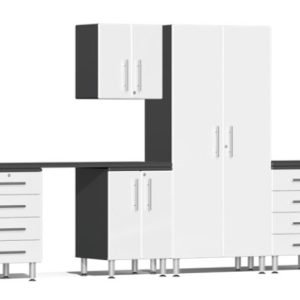 Ulti-MATE Garage 2.0 Series White Metallic 10-Piece Set with Dual Workstation